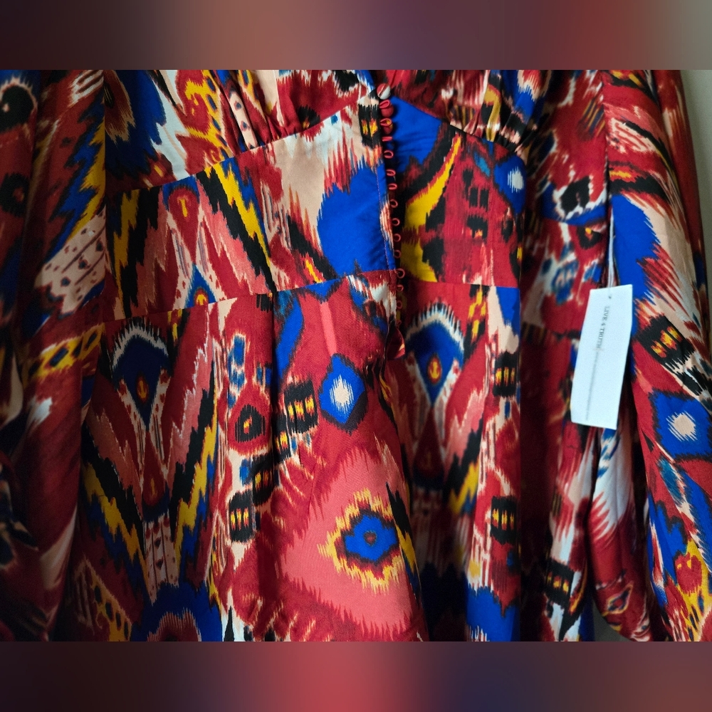 NWTLive 4 Truth Red & Blue Ikat Print  Romper With Balloon Sleeves Plus- Size 2X - Picture 5 of 8